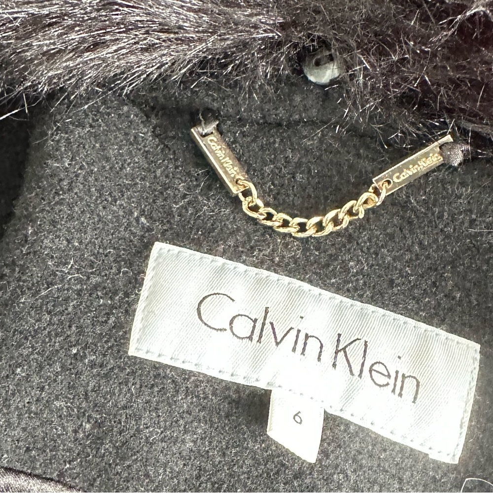 Calvin Klein Black Wool Wrap Coat Detachable Fur Collar Size 6 - Picture 8 of 9